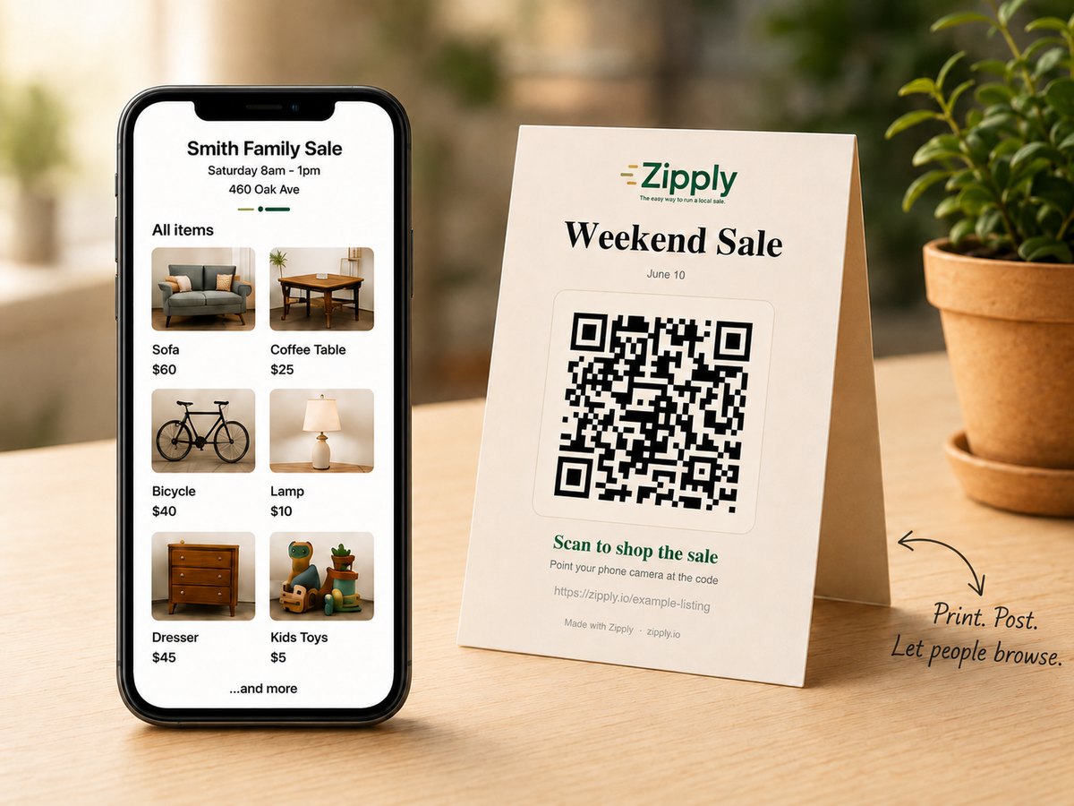 A phone showing a Zipply sale page next to a printed QR poster on a table