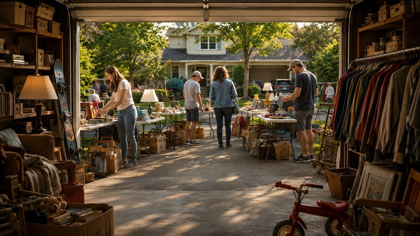 A family garage sale on a warm afternoon, viewed from inside the open garage doorway — tables of used goods and a red kids' tricycle
